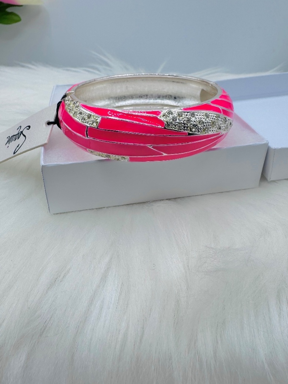 Pink Enamel Rhinestone Bangle Bracelet Gold Tone Statement